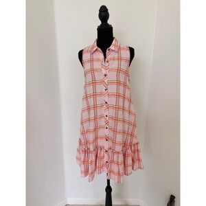 Maeve Anthropologie Pink Plaid Sleeveless Ruffle Hem Button Front Dress XS